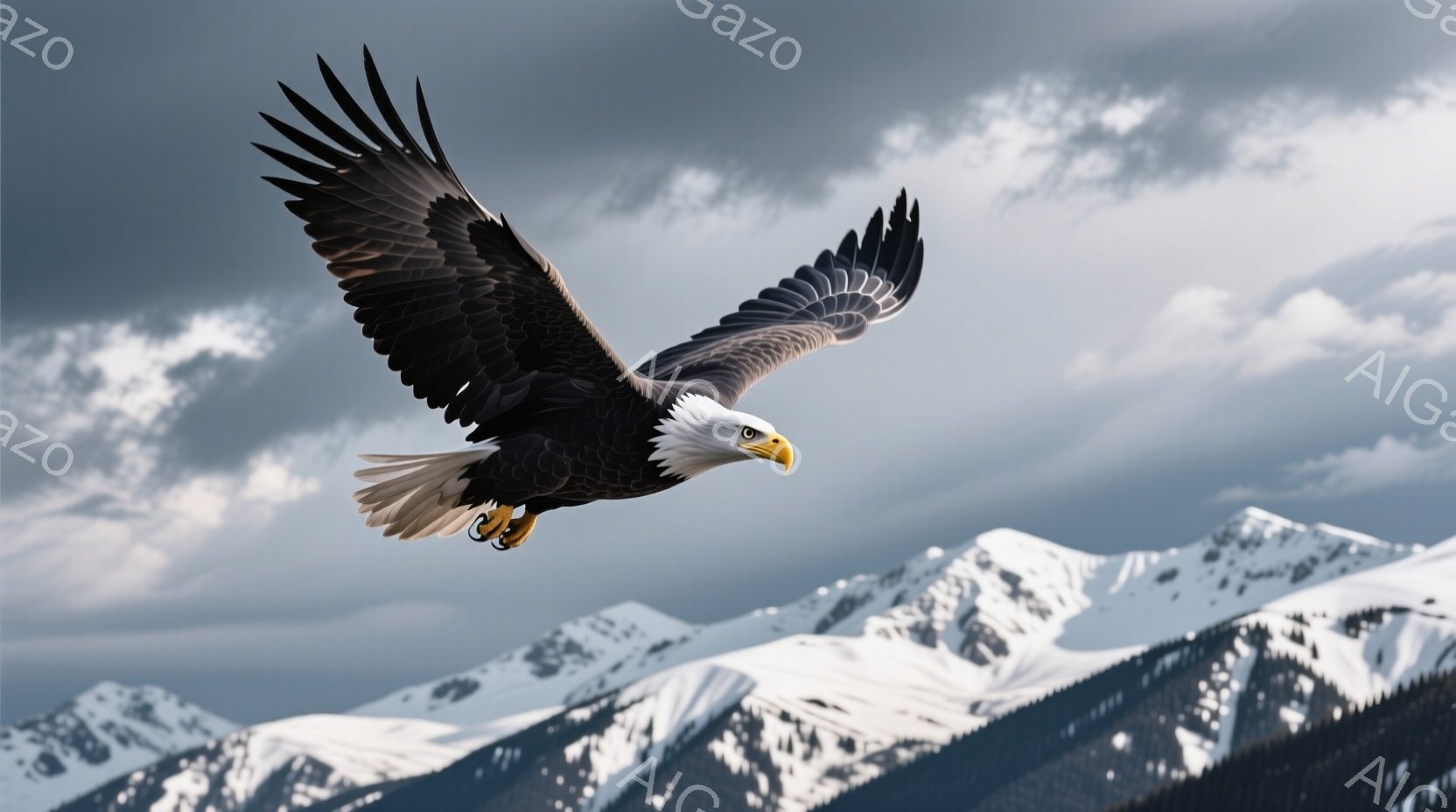 白頭鷲が雪を抱く山々の空を力強く舞っている。翼を大きく広げ、鋭い眼光で遠くを見つめている姿は、力強さと自由の象徴である。背景には雪に覆われた山々が広がり、重厚な雲が空を覆い、荘厳で厳かな雰囲気を醸し出している。