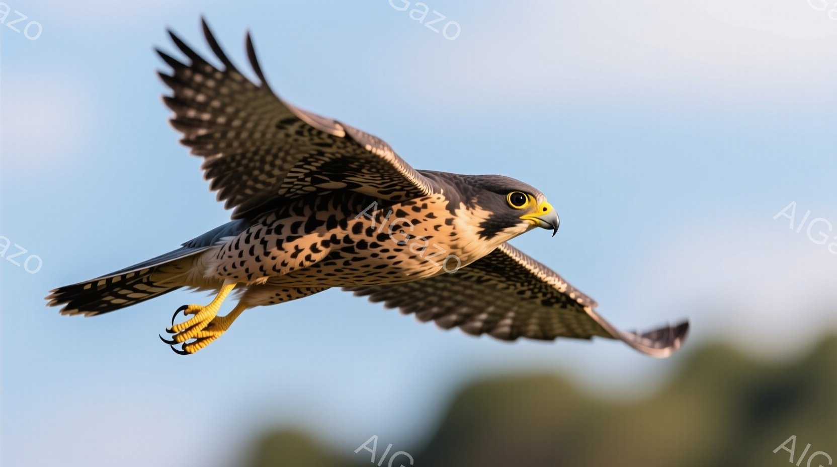 鮮やかな青空を背景に、一羽のハヤブサが翼を広げて飛行している。その羽は灰色と白の美しい模様で覆われ、鋭い爪とくちばしが特徴的だ。空には雲ひとつなく、ハヤブサの力強い飛翔が際立っている。
