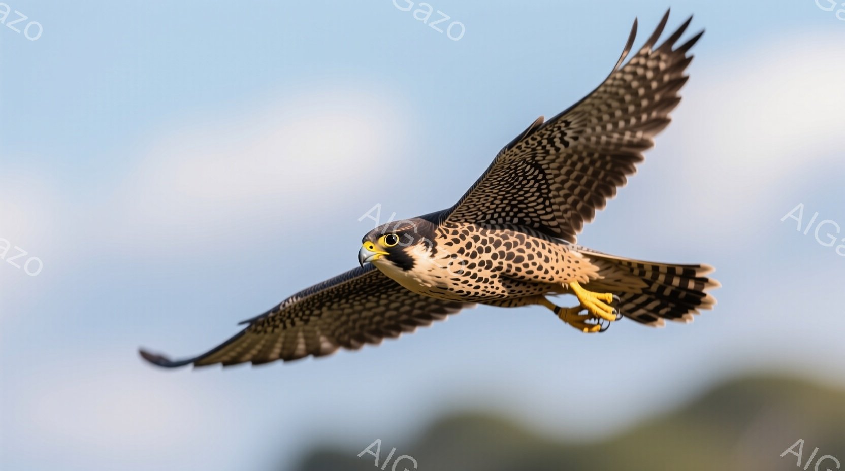 鮮やかな青空を背景に、翼を大きく広げたハヤブサが描かれている。その羽毛は黒と白の模様で覆われ、鋭い爪とくちばしが特徴的だ。ハヤブサは力強く空を舞い、その姿勢はスピードと優雅さを感じさせる。