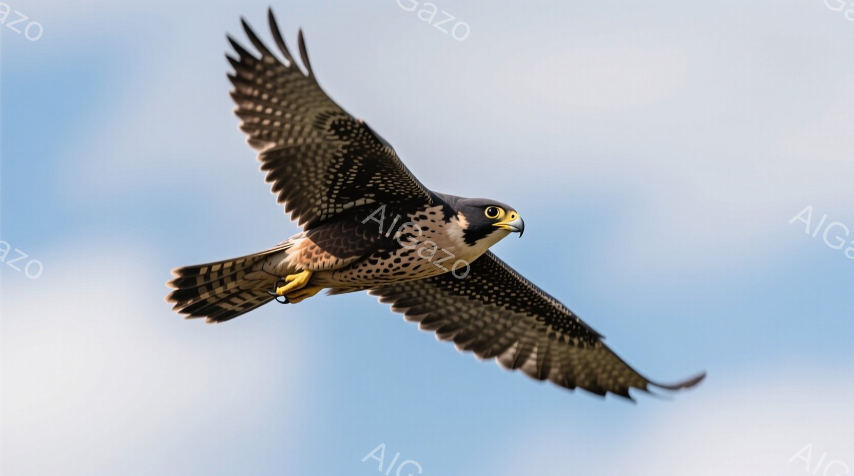鮮やかな青空を背景に、一羽のハヤブサが翼を広げて飛翔している。翼の模様は黒と白のコントラストが美しく、鋭い爪とくちばしが特徴的だ。空は穏やかで、ハヤブサの力強くダイナミックな飛行が際立っている。 - AI生成フリー素材