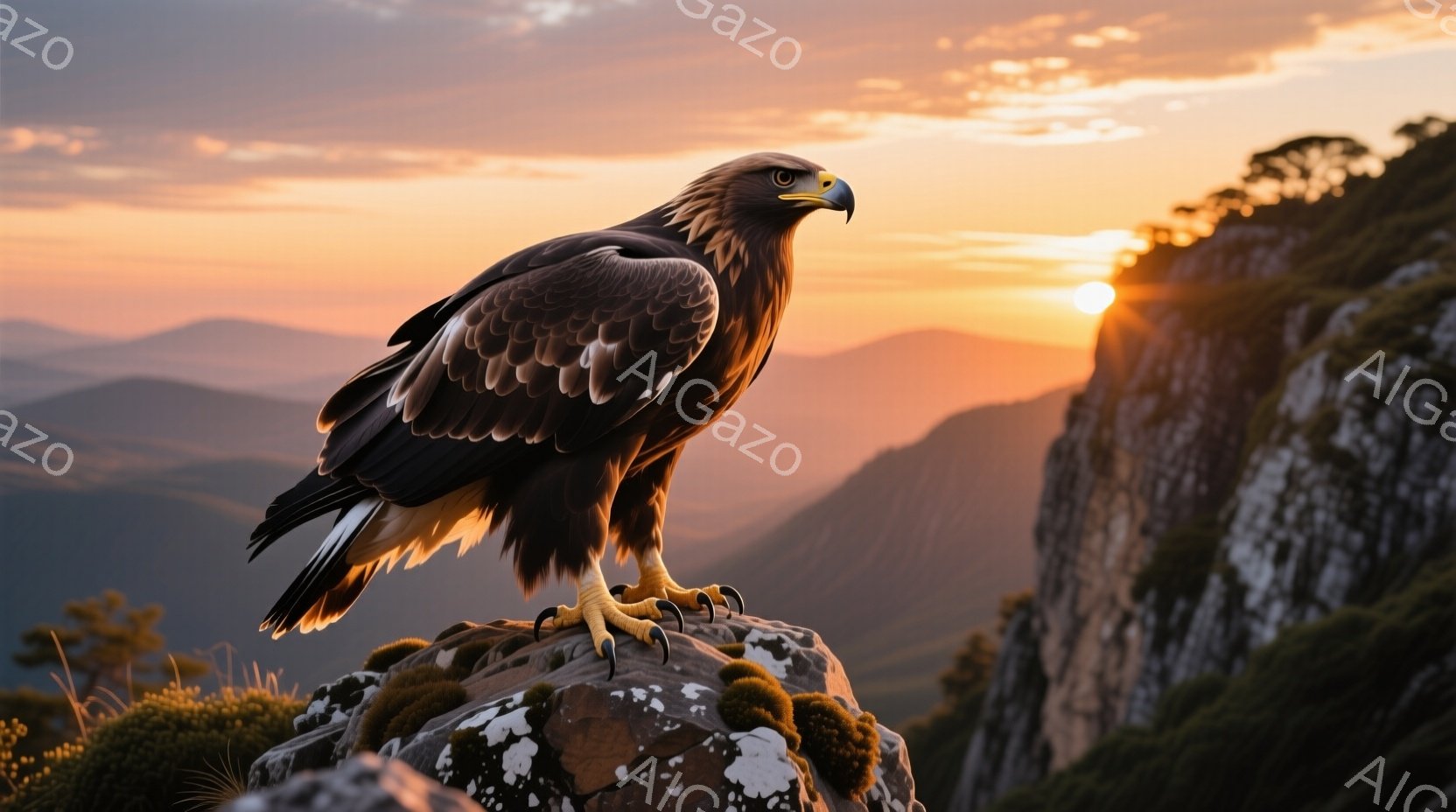 巨大なワシが、苔むした岩の頂上に堂々と立っている。背景には、夕焼けに照らされた山々が連なり、空はオレンジと黄色のグラデーションで染まっている。ワシの鋭い眼差しと力強い爪は、自然の威厳と力強さを表現している。