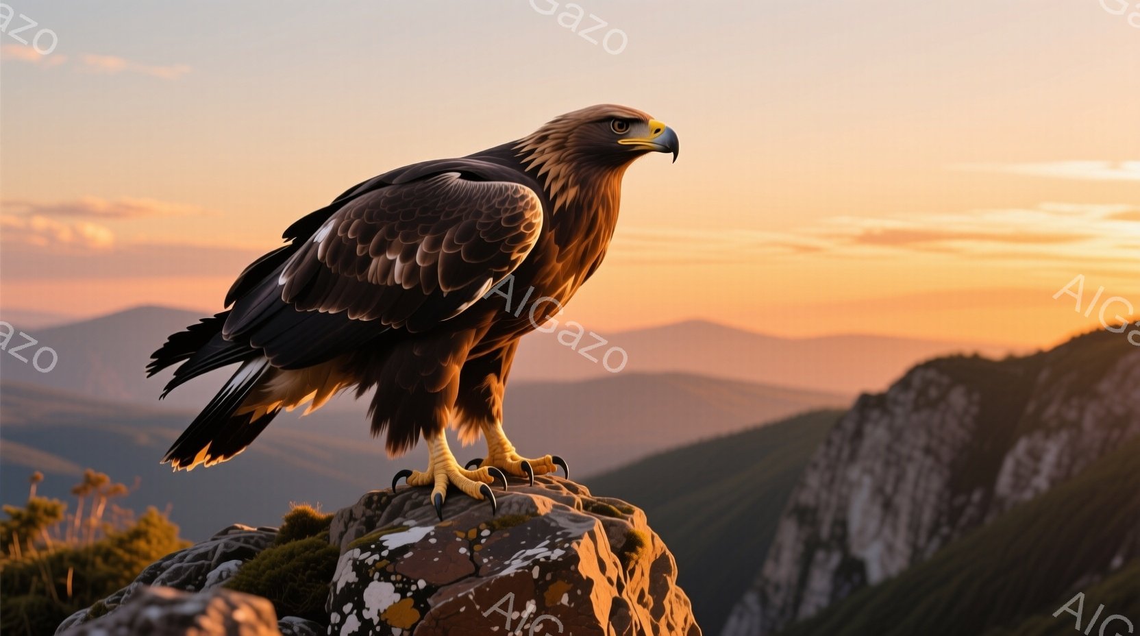 岩の上に堂々と立つ巨大なワシが描かれています。夕焼けのオレンジ色と黄色が空を染め、山々の稜線がシルエットとして浮かび上がっています。ワシの鋭い眼光と力強い爪が、自然の厳しさと威厳を表現しています。