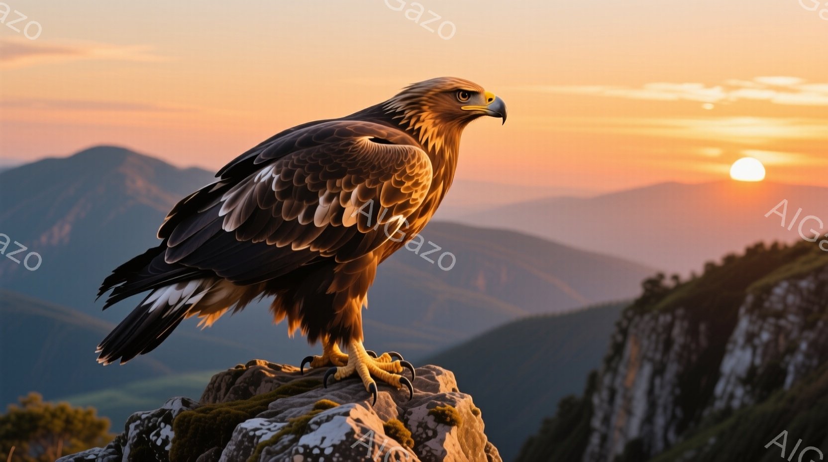 岩の上に堂々と立つ、茶褐色の大きな猛禽類が捉えられている。背景には、霞んだ山々が連なり、夕焼けが空をオレンジ色とピンク色に染めている。鳥は鋭い視線で遠くを見つめ、力強く誇らしげな雰囲気を醸し出している - AI生成フリー素材