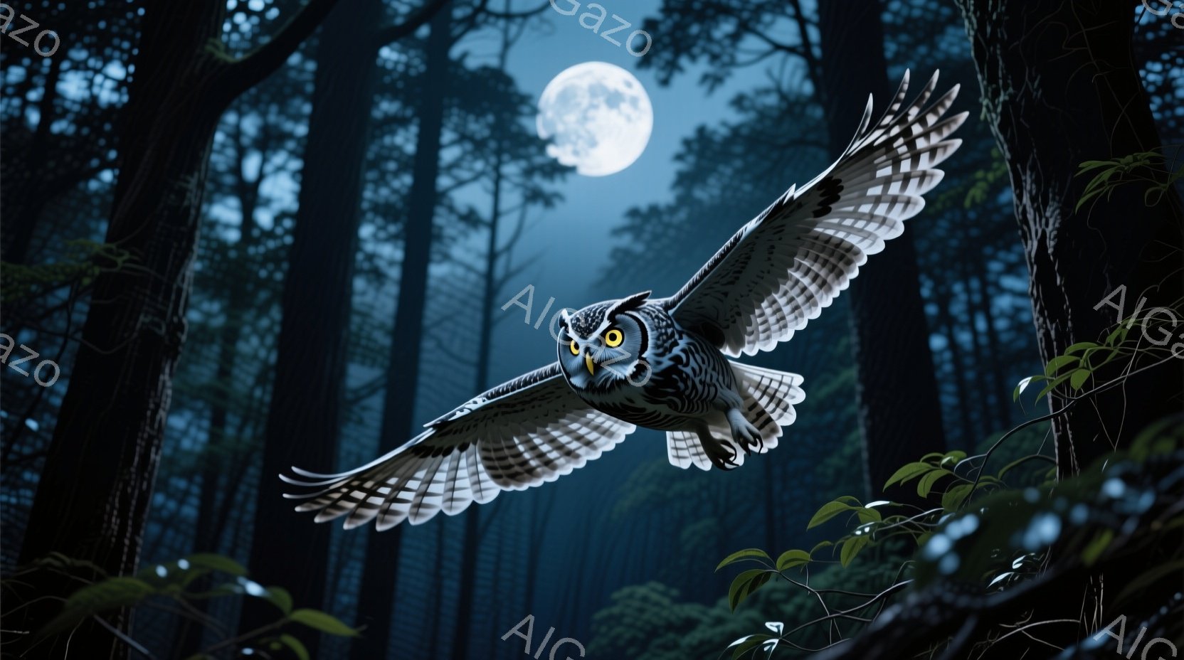 暗い森の中を、大きなフクロウが翼を広げて飛んでいる。満月が木々の間から照らし出され、神秘的な光を投げかけている。森は濃い緑と影で覆われ、静寂と自然の力強さを感じさせる。 - AI生成フリー素材