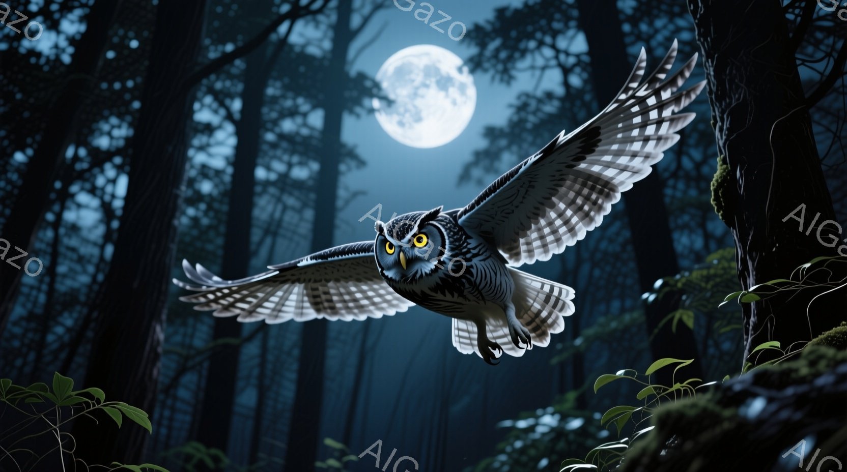 夜の森を背景に、翼を広げたフクロウが空を飛んでいる姿が捉えられています。満月の光が木々の間から差し込み、フクロウの羽毛を照らし出しており、神秘的な雰囲気を醸し出しています。周囲の緑豊かな植生と暗い森のコントラストが、静寂と自然の力を感じさせます。
