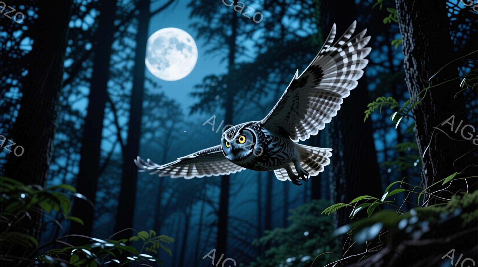 深い森の中を、大きなフクロウが翼を広げて飛んでいる姿が捉えられています。月明かりが木々の間から差し込み、フクロウの羽毛を照らし出しており、神秘的な雰囲気を醸し出しています。背景には暗い緑色の木々が密集し、夜の静寂と自然の力強さを感じさせます。