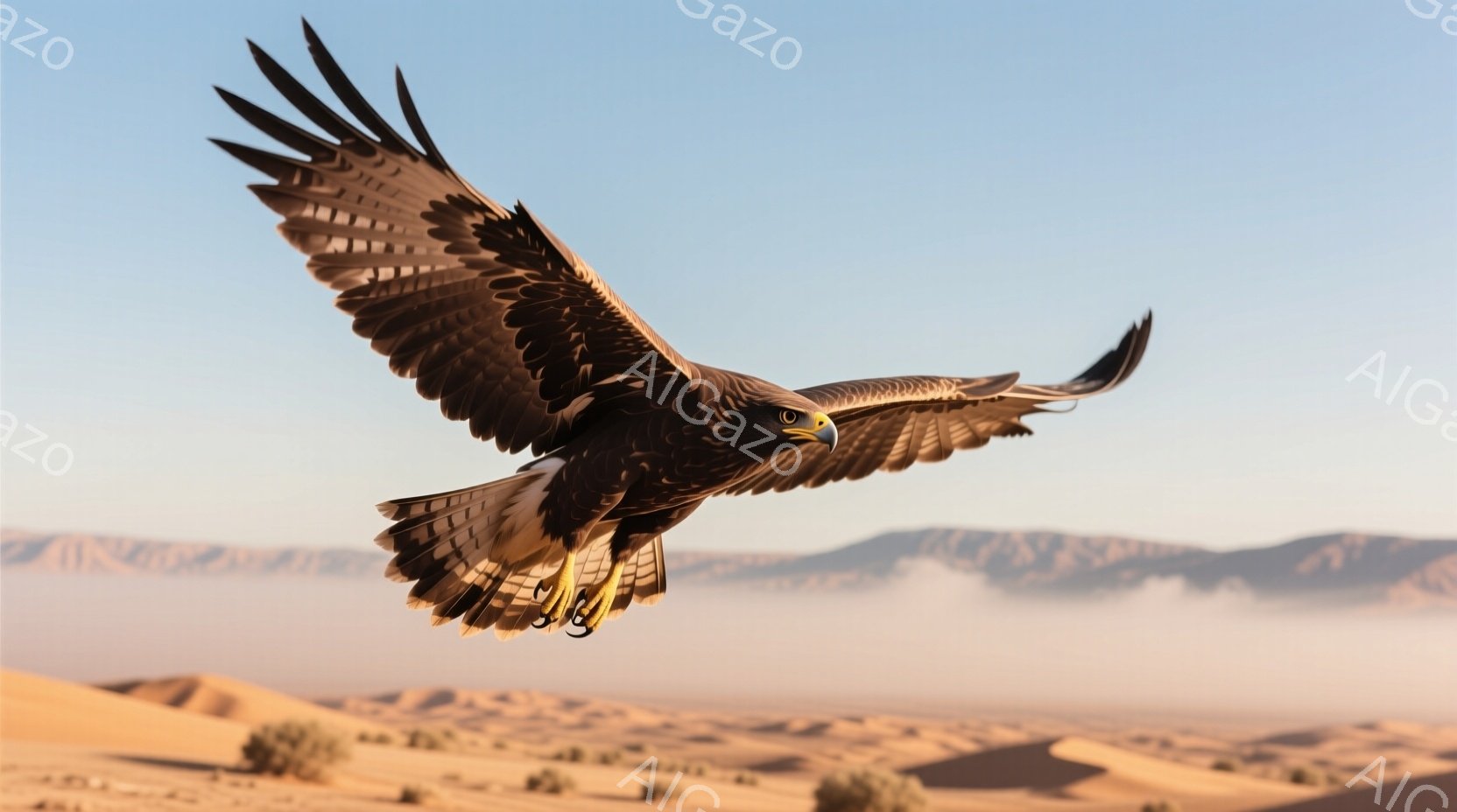 広大な砂漠の上空を、翼を大きく広げたハヤブサが力強く飛翔している。背景には霞んだ山々が連なり、空は明るい水色で穏やかな雰囲気を醸し出している。砂漠の地表は起伏に富み、わずかに茂る植物が点在している。 - AI生成フリー素材