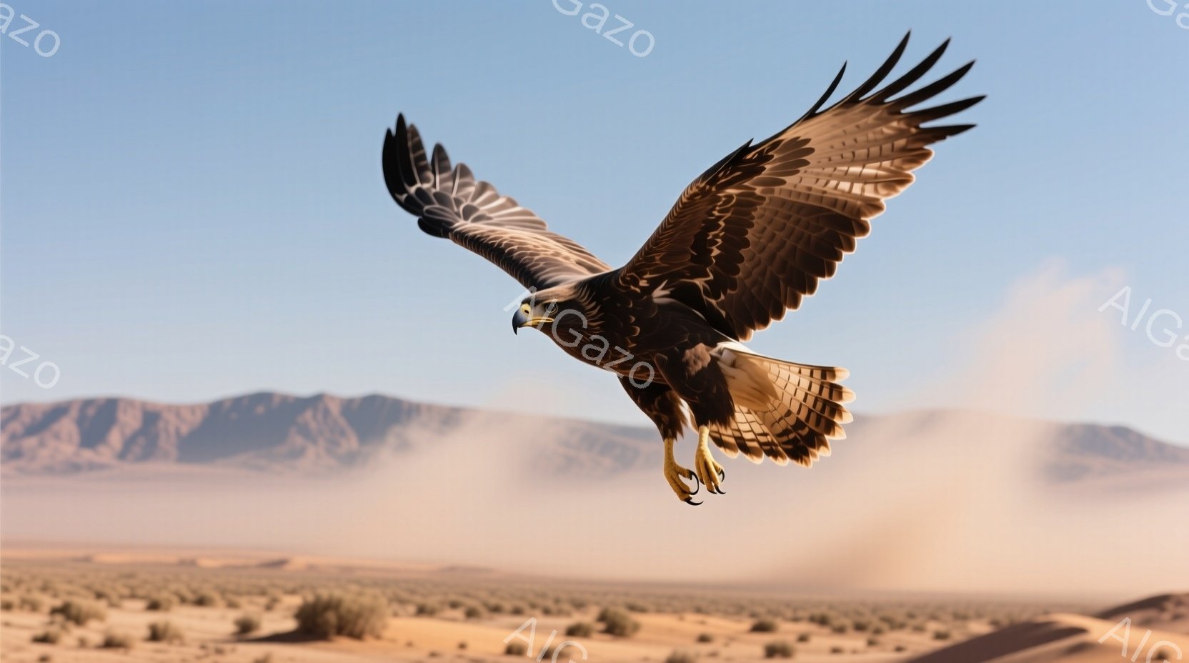 広大な砂漠を背景に、一羽のハヤブサが力強く飛び立つ姿が捉えられています。翼は大きく広げられ、鋭い爪を前に突き出し、獲物を狙うかのような姿勢です。背景には霞んだ山々が連なり、埃っぽい空気と砂漠の荒涼とした雰囲気が伝わってきます。