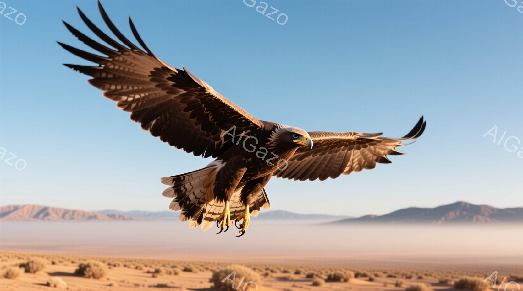 広大な砂漠地帯を背景に、翼を大きく広げたワシが捉えられています。鋭い眼光と力強い爪を持ち、空中で静止したように見えます。遠くには霞んだ山々が見え、乾燥した大地と青空がワシの雄大さを際立たせています。