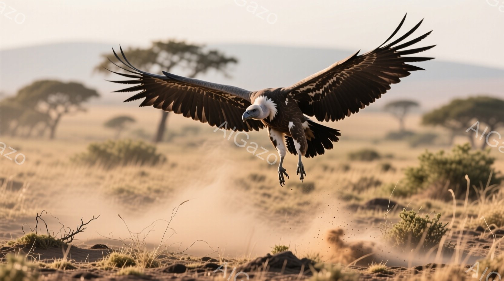広大なサバンナで、ハゲワシが翼を大きく広げ、急降下している様子が捉えられています。翼は黒く、体の下部は白く、鋭い眼差しが特徴的です。背景には乾燥した草地や低木、遠くには木々が見え、埃が舞い上がっていることから、活発な動きが伝わってきます。