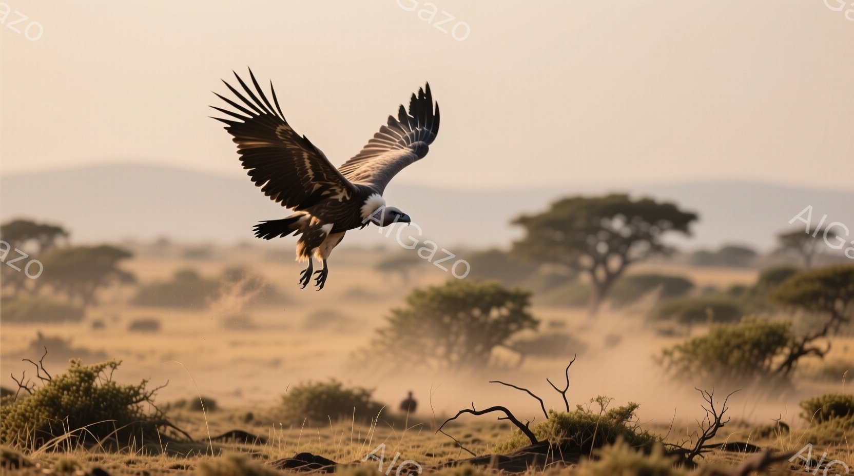 広大なサバンナで、ハゲワシが翼を大きく広げて飛んでいる様子が捉えられています。背景には、薄い霧に包まれた低い木々や灌木が広がり、朝焼けのような柔らかな光が全体を照らしています。埃っぽい地面と霞んだ遠景が、野生の自然の雰囲気を強調しています。