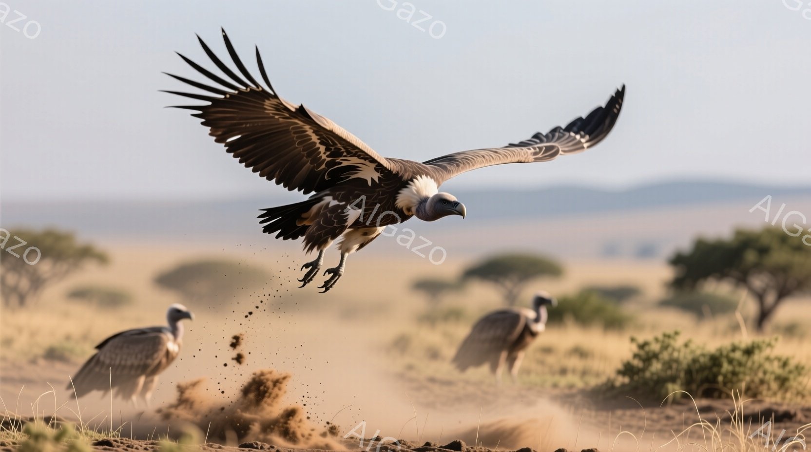広大なサバンナで、ハゲワシが力強く飛び立っています。地上には、土埃が舞い上がり、他のハゲワシが数羽集まっています。背景には点在する低木や遠くの山々が見え、乾燥した暖かな気候を感じさせる風景です。