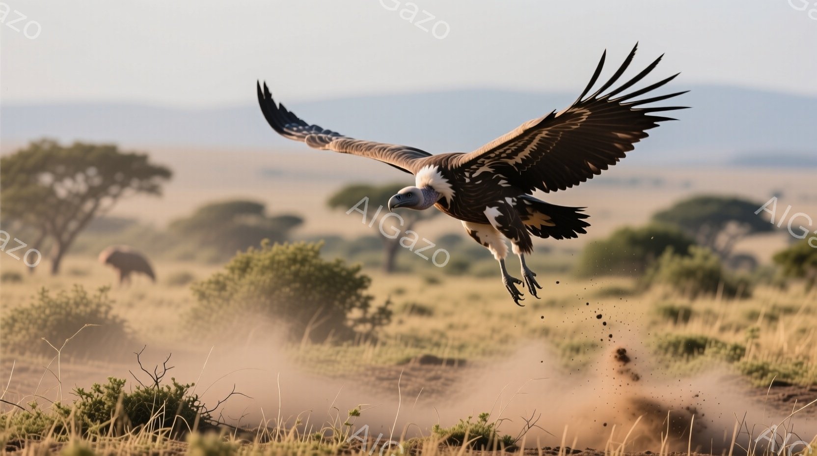 広大なサバンナで、ハゲワシが獲物を求めて急降下している様子が捉えられています。土埃が舞い上がり、その動きの激しさを強調しています。背景には点在する低い木々と乾燥した草原が広がり、アフリカの荒涼とした自然を感じさせます。