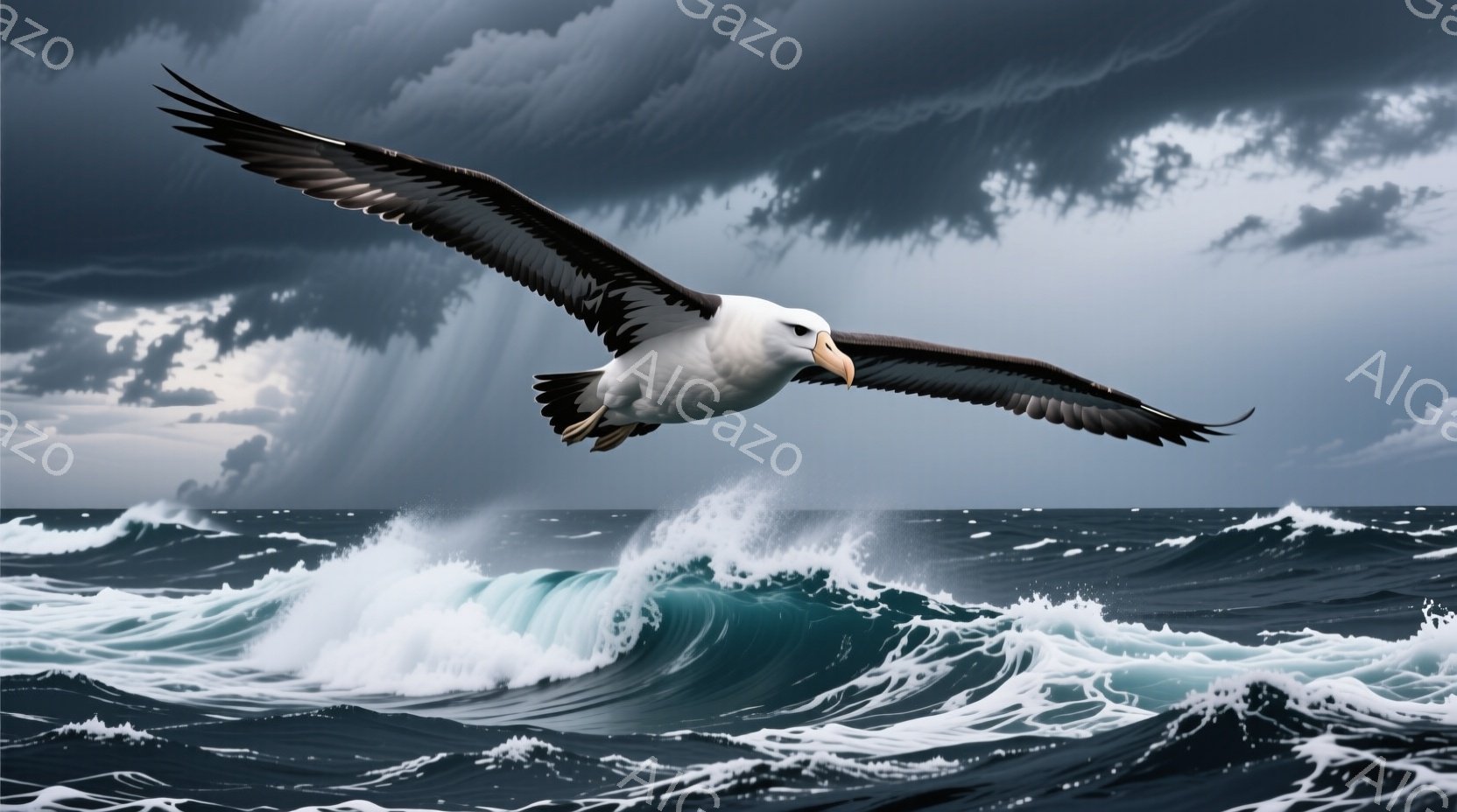 荒れ狂う海の上を、翼を広げたアホウドリが力強く飛んでいる。波は白く泡立ち、うねりをあげており、背景には暗い雲が広がり、激しい嵐の気配を感じさせる。全体的に、自然の力強さと、それにも屈しない鳥の生命力を表現したダイナミックな情景である。