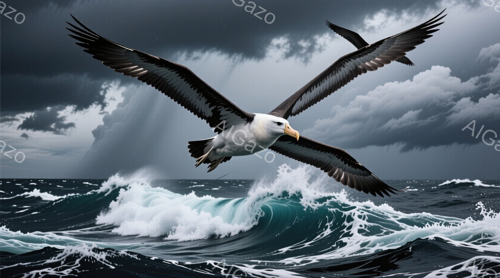 強力なハクトウワシが荒れ狂う海の上を翼を広げて飛んでいる。波は高く、白く泡立ち、暗い空には厚い雲が広がっている。全体的に、力強く、ドラマチックで、自然の厳しさを感じさせる雰囲気である。
