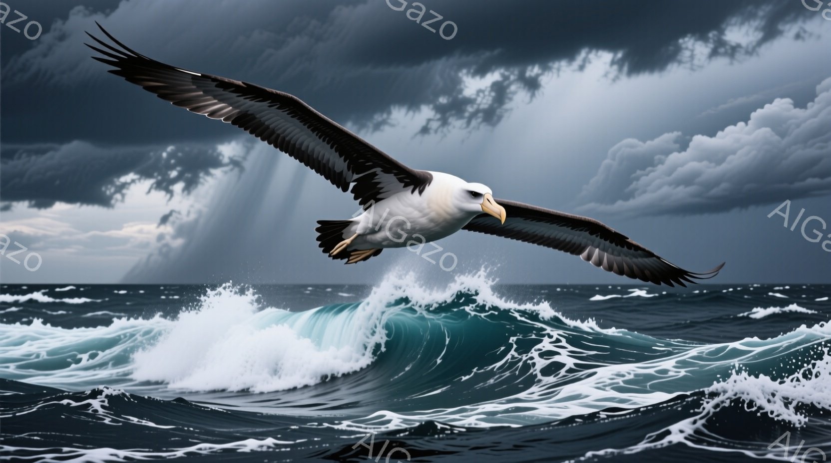 強烈な嵐の海を、翼を広げた白頭ハゲワシが力強く飛んでいる。荒々しい波が白く砕け散り、暗雲が空を覆い、強い光線が雲間から差し込んでいる。全体的に、自然の力強さと不屈の精神を感じさせる、ドラマチックでダイナミックな光景である。