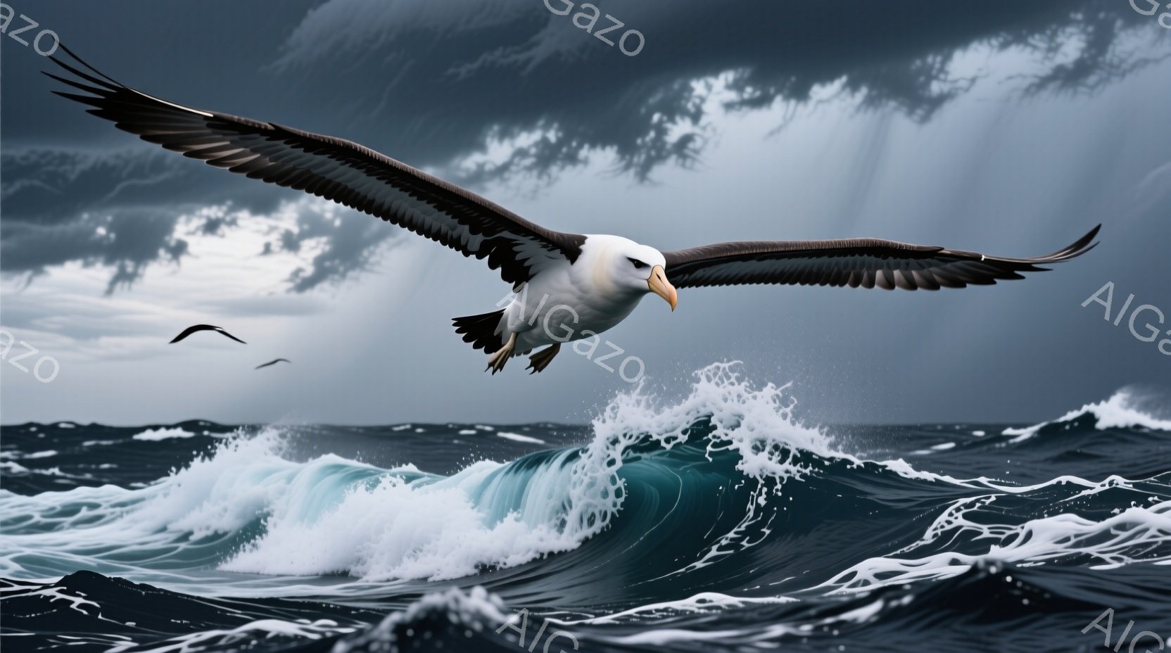 荒れ狂う海を、翼を広げた白鳥が力強く飛んでいる様子が描かれています。暗い雲と白い波が激しい嵐の海を表現し、白鳥の鮮やかな白い羽毛がそのコントラストを際立たせています。全体的に、自然の力強さと、それにも屈しない生命の力強さを感じさせる、劇的で印象的な光景です。