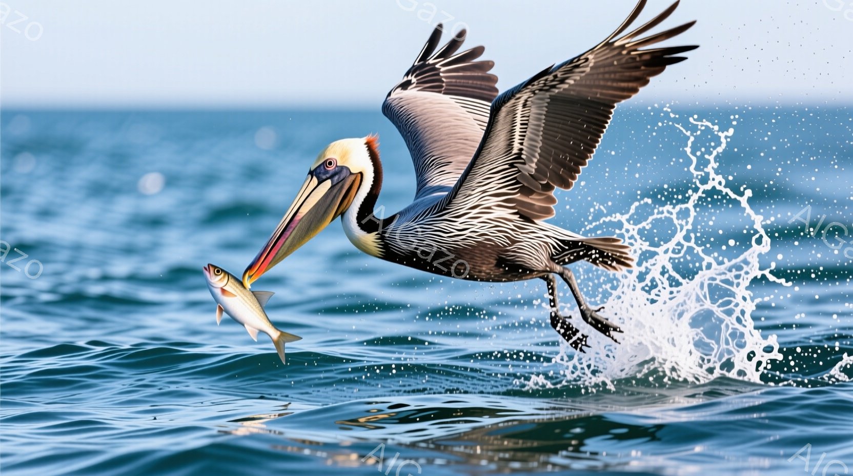 ペリカンが獲物を捕らえ、水面から飛び上がっている瞬間を捉えた写真です。翼を大きく広げ、口に銀色の魚をしっかりとくわえています。背景は穏やかな青い海で、水しぶきが躍動感を高めており、全体的に活気に満ちた - AI生成フリー素材