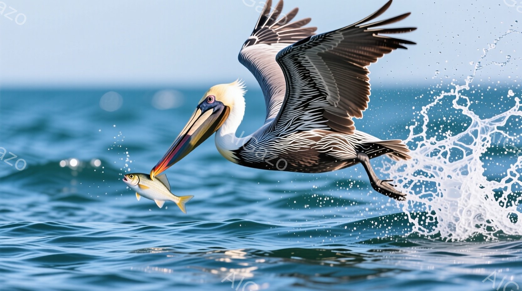 一羽のペリカンが、口に獲物をくわえながら水面から飛び立っています。水しぶきが舞い上がり、ペリカンの力強い羽ばたきと、銀色の魚とのコントラストが印象的です。背景は穏やかな海で、晴天の下、ダイナミックな瞬 - AI生成フリー素材