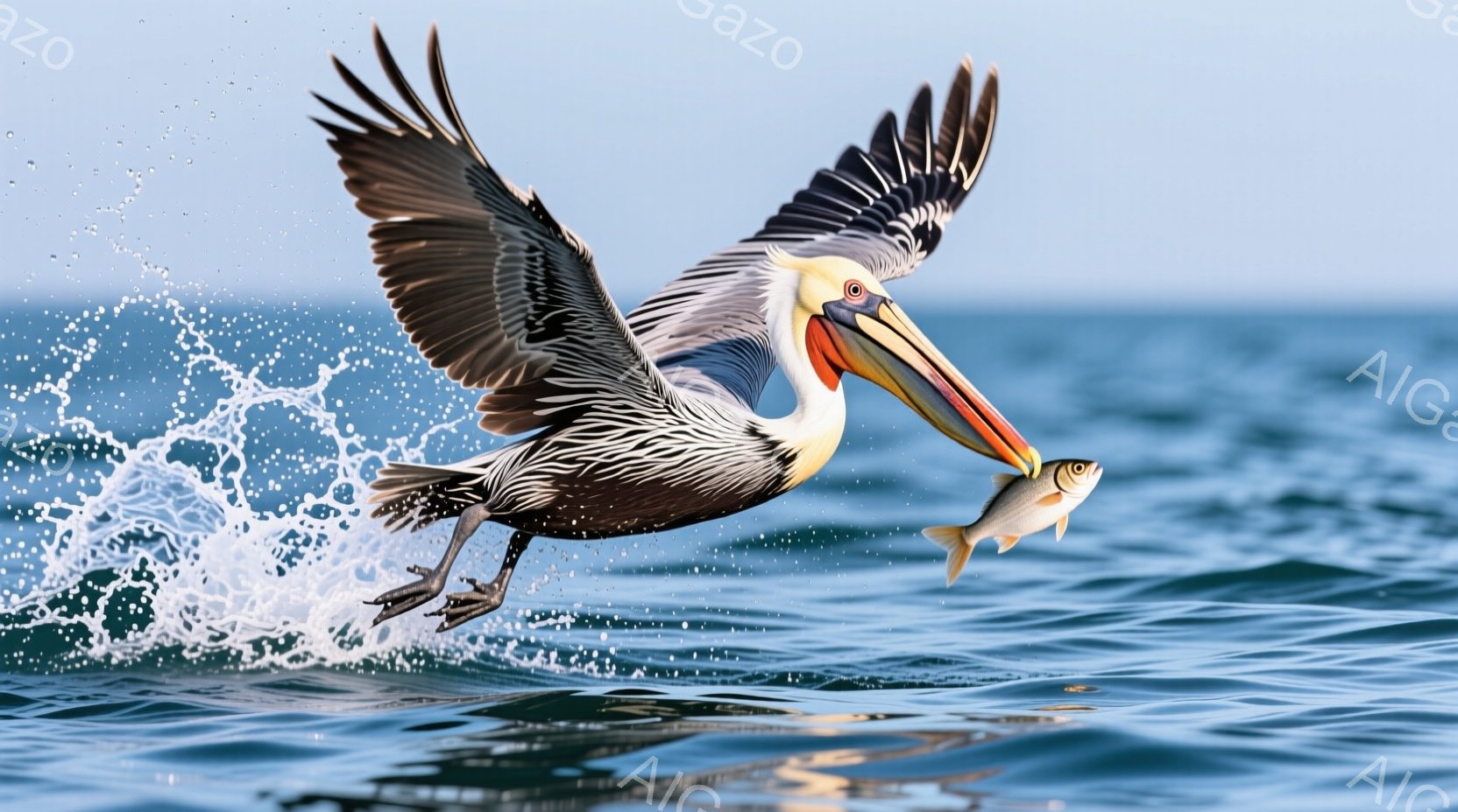 海面を飛ぶペリカンが、口に獲物を掴んで飛び立っています。翼を大きく広げ、水面をかすめるように飛ぶ姿は躍動感に満ちています。背景は穏やかな海で、波の飛沫が光を反射し、鮮やかなコントラストを生み出していま - AI生成フリー素材
