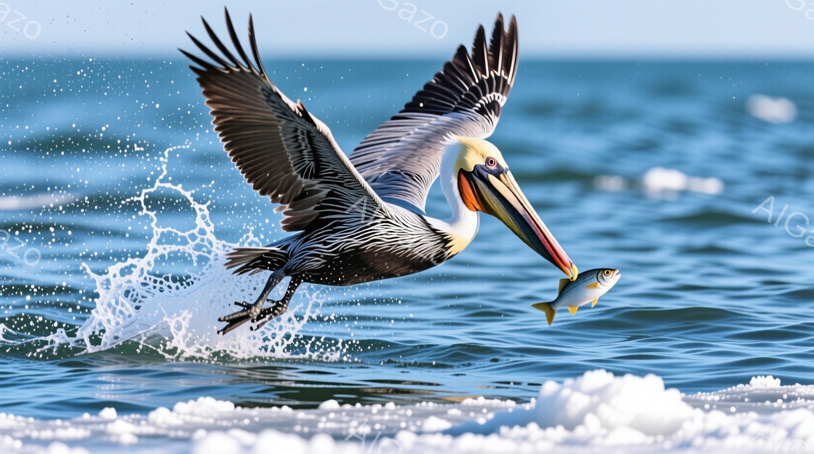 巨大なペリカンが、口に銀色の魚をくわえて海面を飛び立っています。水しぶきが舞い上がり、ペリカンの足元には波紋が広がっており、躍動感あふれる瞬間を捉えています。背景は穏やかな青い海で、晴天の下、生き生き - AI生成フリー素材