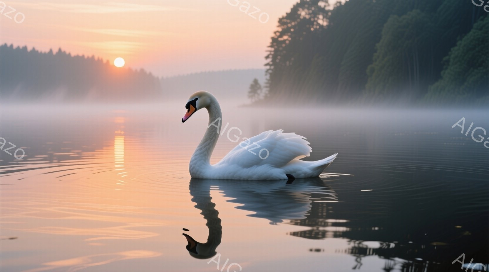 白い白鳥が穏やかな水面を優雅に泳いでいる。夕焼けのオレンジ色と水面に映る鳥のシルエットが幻想的な雰囲気を醸し出しており、遠景には霧に包まれた緑豊かな山々がそびえ立っている。静かで平和な時間が感じられる - AI生成フリー素材