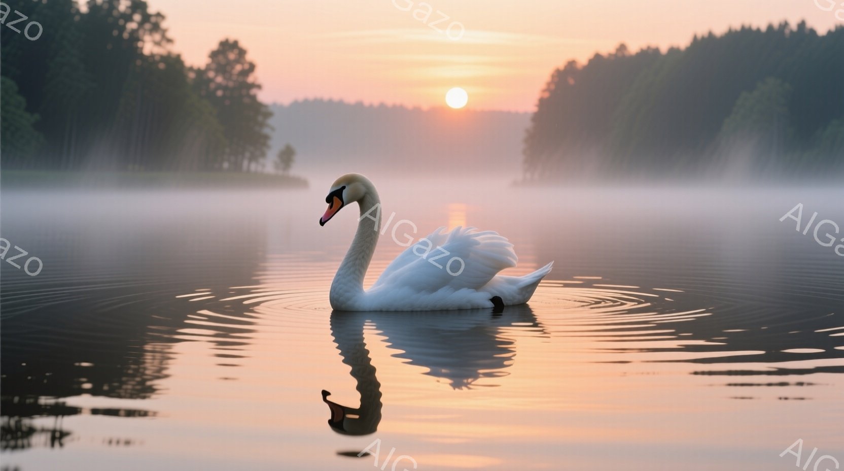 白い白鳥が、水面に静かに浮かび、穏やかな水紋が周囲に広がっている。背景には薄い霧がかかり、朝日が昇るオレンジ色の空がぼんやりと見えるため、幻想的な雰囲気が漂う。水面に映る白鳥の姿も美しく、全体的に静謐で平和な光景である。