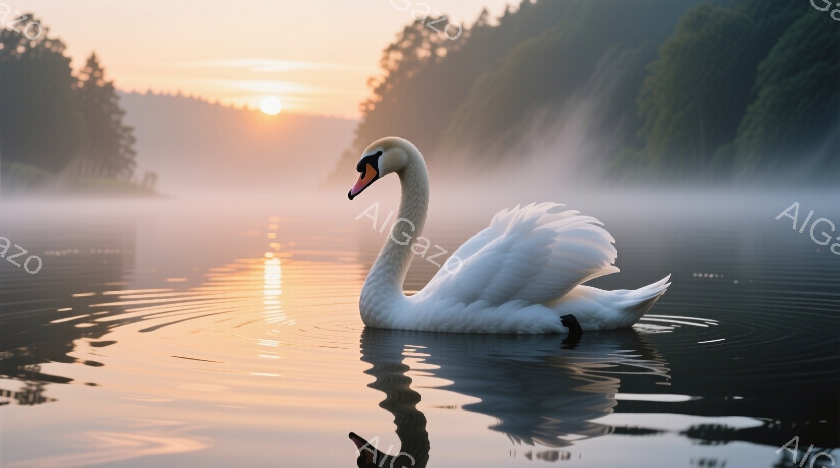 白鳥が穏やかな水面に浮かび、優雅な姿勢で前方を向いている。背景には、朝焼けの光に照らされた霧深い森林が広がり、水面にはその光が反射して金色に輝いている。 全体的に静寂で幻想的な雰囲気が漂い、自然の美しさを際立たせている。