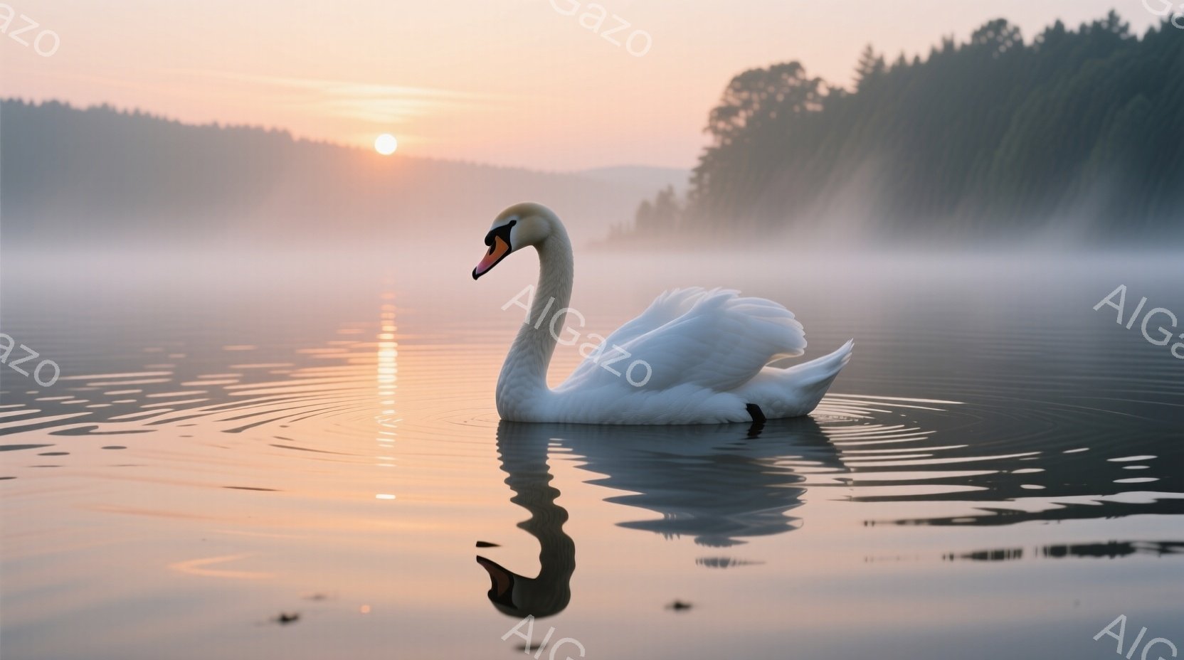 白鳥が一面の穏やかな水面に浮かび、その優雅な姿が水面に映り込んでいる。朝日の光が水面をオレンジ色に染め、遠くの木々をぼんやりと照らし出している。全体的に静かで平和な雰囲気が漂い、幻想的な美しさを感じさ - AI生成フリー素材