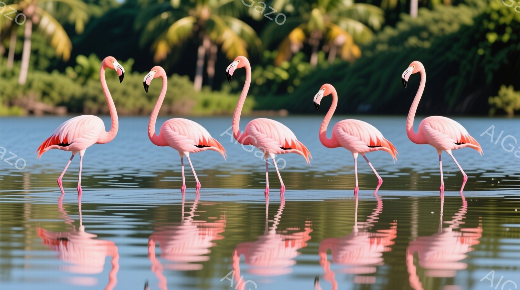 鮮やかなピンク色のフラミンゴが5羽、水面に浮かび、互いに間隔をあけて整列している。水面にはフラミンゴの鮮やかなピンク色が反射し、左右対称の美しい光景を作り出している。背景には緑豊かな植物が広がり、穏や - AI生成フリー素材