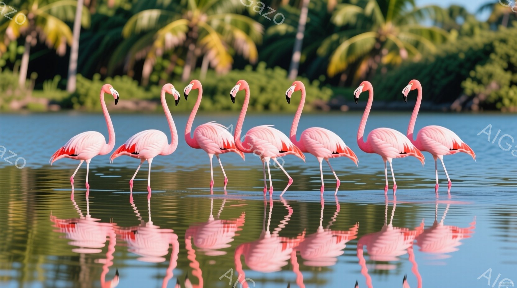 ピンク色のフラミンゴが整列して水の中に立っており、水面にはその姿が鮮明に映し出されている。背景には緑色の植物が見え、穏やかな水面と明るい光が、静かで平和な雰囲気を醸し出している。フラミンゴたちは同じ方 - AI生成フリー素材