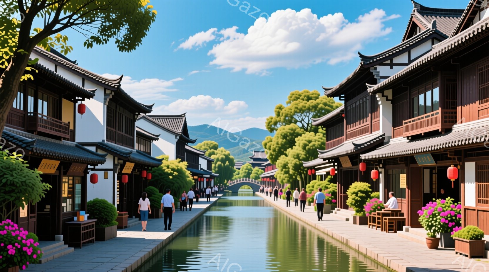 運河沿いに伝統的な中国建築が立ち並び、観光客がゆっくりと散歩を楽しんでいます。人々はカジュアルな服装で、リラックスした様子で歩き、または立ち止まって景色を眺めています。青々とした木々と青空が背景に広が - AI生成フリー素材