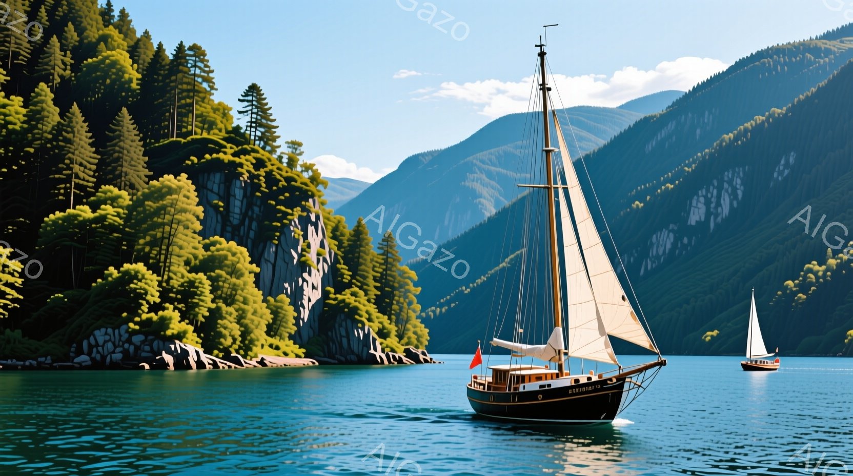 紺碧の湖上を、白い帆を広げたヨットが優雅に進んでいる。背景には鬱蒼とした緑の森林に覆われた山々がそびえ立ち、穏やかな水面にその姿を映し出している。空は澄み渡り、静かで平和な雰囲気が漂う、自然豊かな風景 - AI生成フリー素材