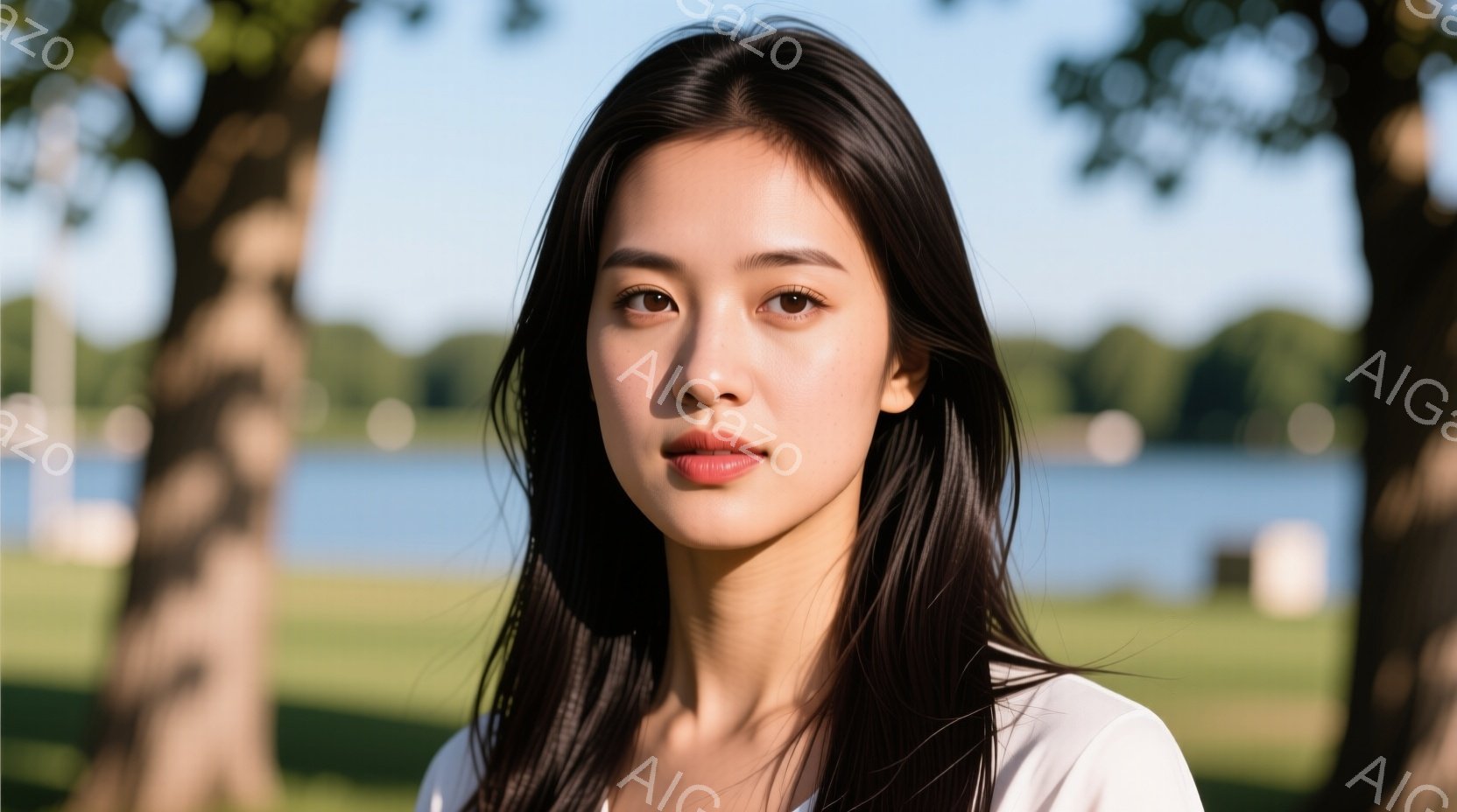 長い黒髪を肩まで伸ばした若い女性が写っている。白いトップスを着ており、少し微笑んでいる表情で、穏やかな印象を与える。背景には青い湖と緑の芝生、そして木々が見え、晴れた日の穏やかな雰囲気が漂っている。 - AI生成フリー素材