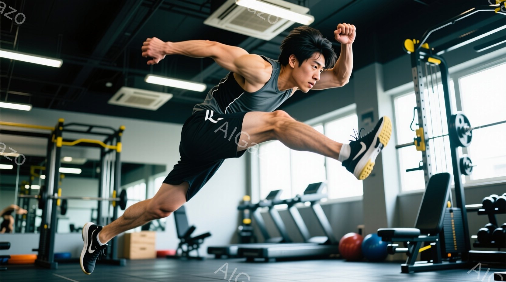 筋トレジムで、男性がジャンプしている瞬間を捉えた写真です。彼はグレーのタンクトップと黒いショーツを着用し、髪は短く整えられています。ジム内にはトレッドミルやウェイトトレーニングマシンが配置され、集中し - AI生成フリー素材
