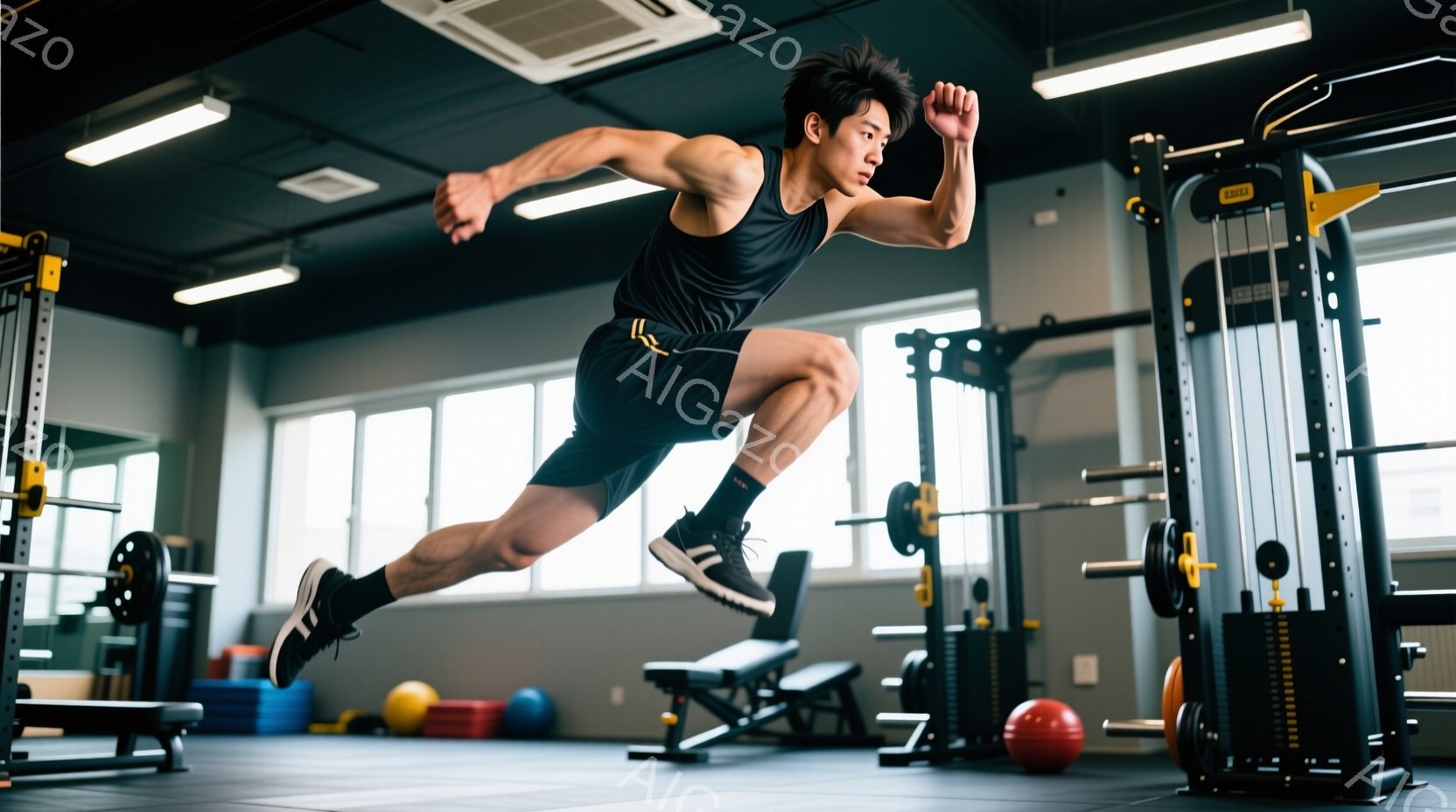 筋力トレーニングジムで、黒いタンクトップと黒いショートパンツ姿の男性が、ジャンプして空中でポーズをとっている。彼は髪を短く整え、集中した表情で、運動能力の高さを表現している。ジム内には、様々なトレーニ - AI生成フリー素材