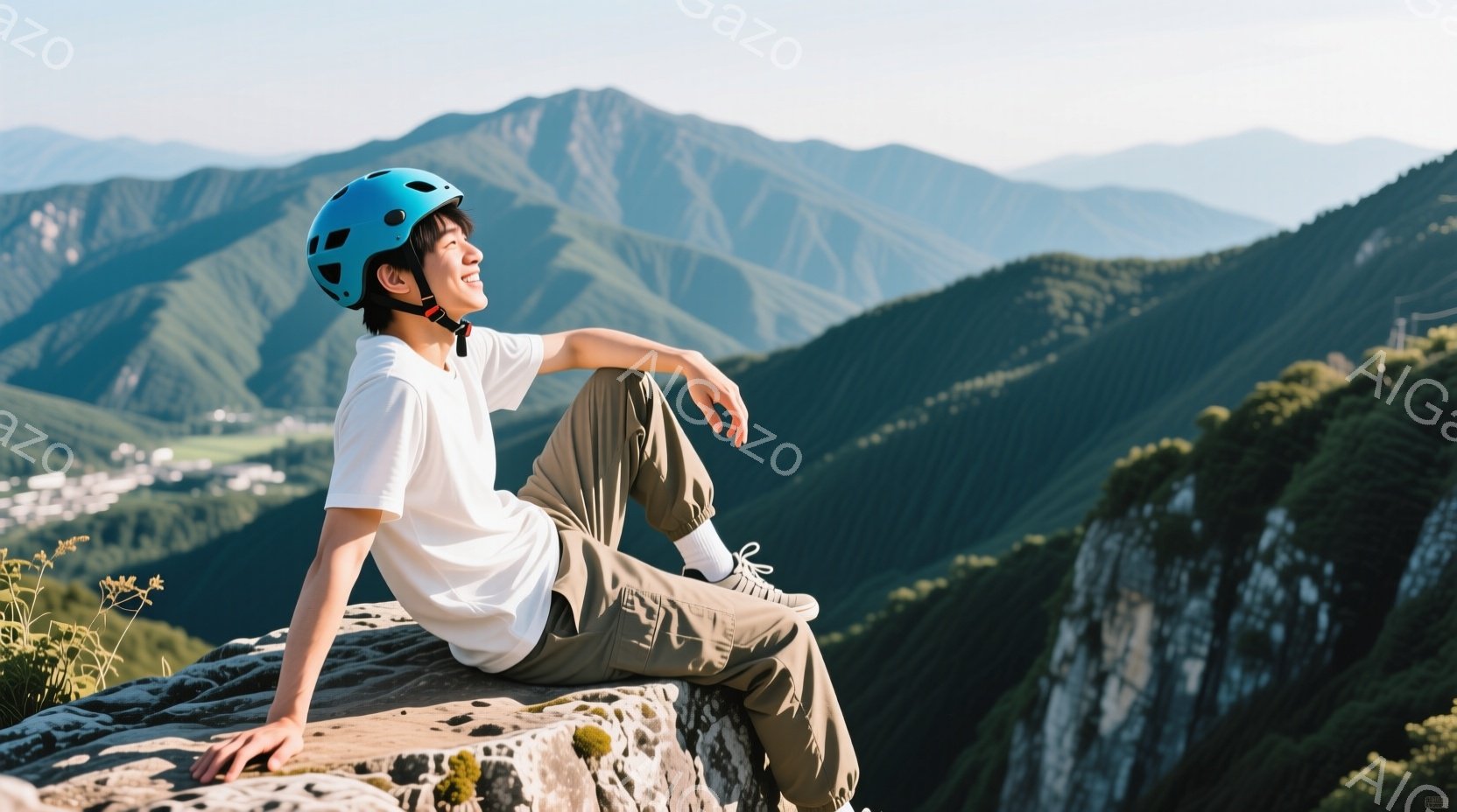 若い男性が岩の上に座り、遠くの山々を見下ろしています。彼は白いTシャツ、カーキ色のズボン、そして明るい青色のヘルメットを着用し、リラックスした表情を浮かべています。背景には緑豊かな山々が広がり、晴れた - AI生成フリー素材