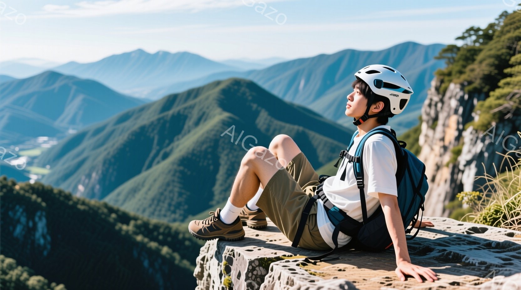 青年はヘルメットを被り、短い髪で、岩の上に座って景色を眺めている。彼は白いTシャツ、カーキ色のショートパンツ、ハイキングブーツを履いており、背中には青いバックパックを背負っている。背景には緑豊かな山々 - AI生成フリー素材
