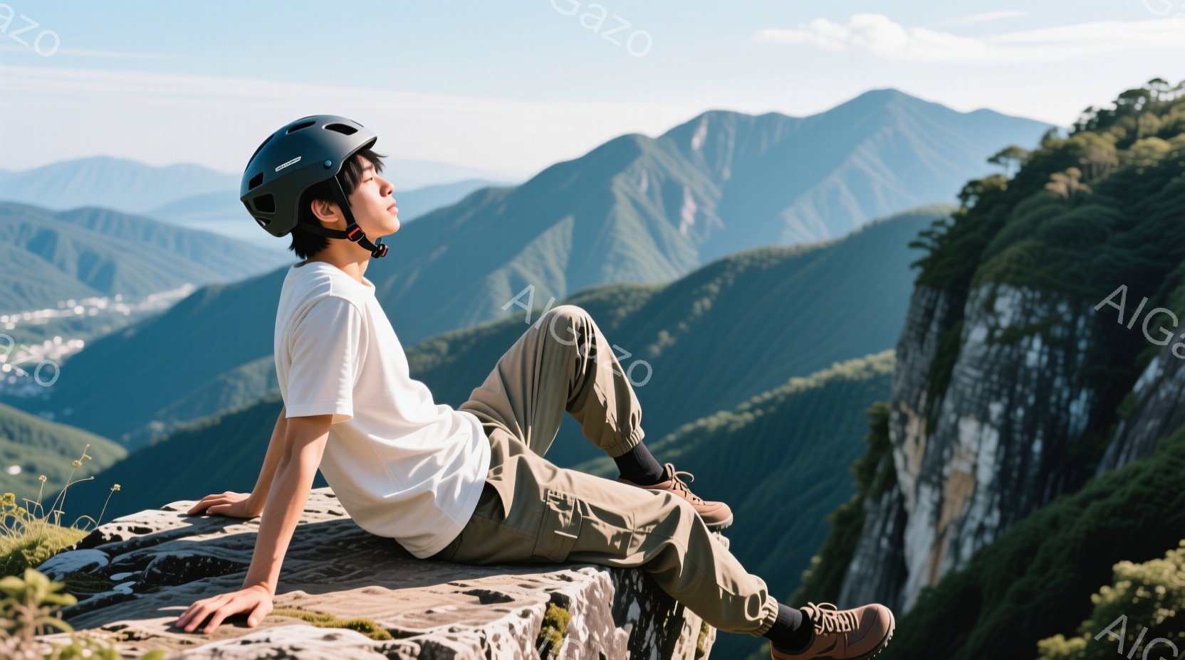 若い男性が岩場に座り、目を閉じてリラックスしています。彼は白いTシャツ、カーキ色のズボン、ハイキングブーツを履き、ヘルメットを着用しています。背景には、緑豊かな山々が連なり、晴天の下、穏やかな雰囲気を - AI生成フリー素材