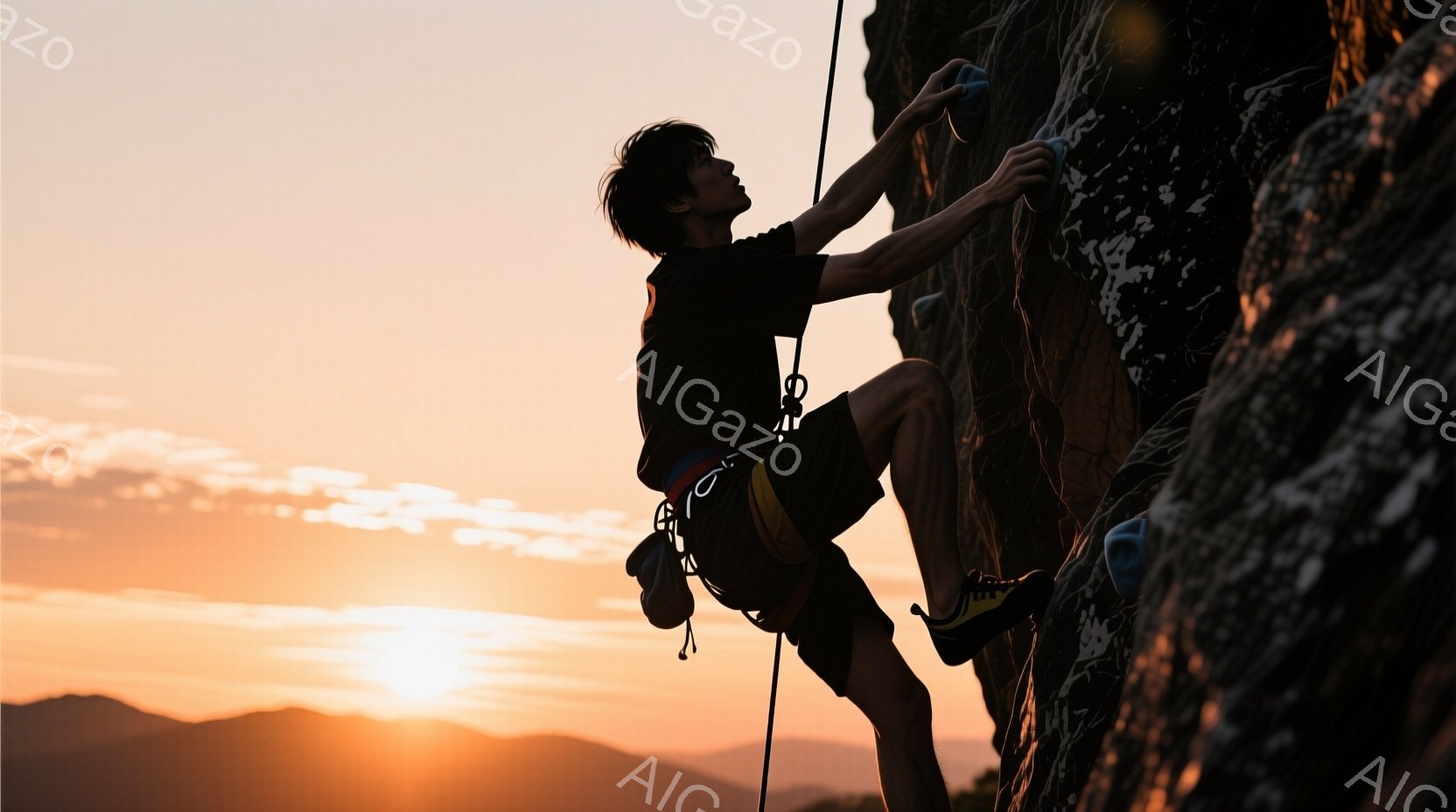 険しい岩肌を、クライミングウェア姿の男性が力強く登っている。夕焼けに照らされた岩と、シルエットで描かれた男性の姿が、挑戦と達成感を表現している。背景には山並みが広がり、空は燃えるようなオレンジ色に染ま - AI生成フリー素材