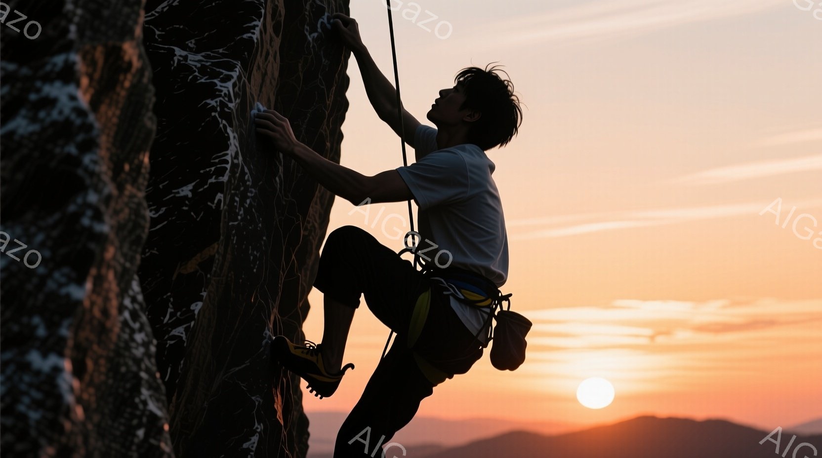 岩壁を登る男性のシルエットが印象的な画像です。彼は、短い髪で、クライミングシューズとハーネスを着用し、集中した表情で岩肌にしがみついています。背景は夕焼け空で、オレンジと赤の色合いが美しく、遠くには山の稜線が見え、静かで力強い雰囲気を醸し出しています。