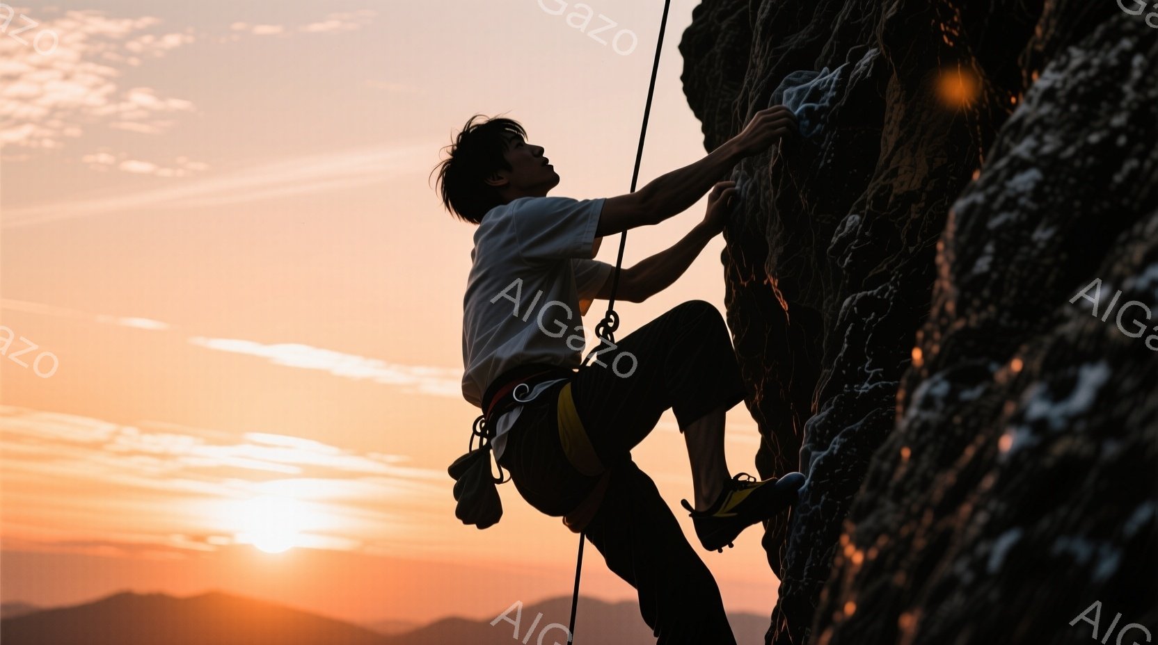 登山家が夕暮れ時の岩壁を登っている姿が捉えられています。彼は白のTシャツ、黒いズボン、そしてクライミングシューズを着用し、険しい岩肌にしがみつき、強い意志を持って登攀しています。背景には、夕焼けに染ま - AI生成フリー素材