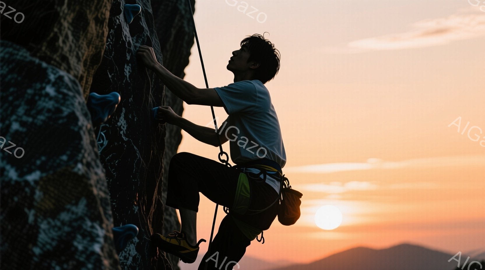 登山家が険しい岩壁を登っている姿が捉えられています。彼は濃い色の登山着に、短い黒髪で、集中した表情でホールドに手を伸ばしています。背景には夕焼け空が広がり、遠くには山並みがぼんやりと見え、力強く美しい - AI生成フリー素材