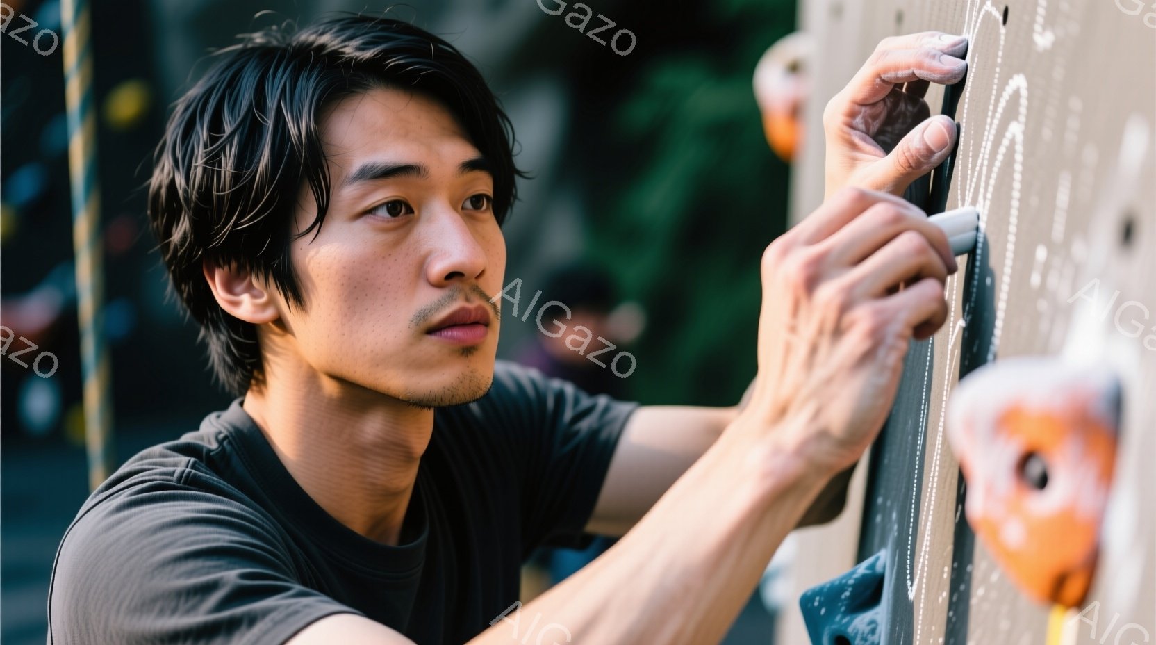 若い男性がクライミングウォールに登っている写真です。彼は濃いグレーのTシャツを着ており、短く整えられた黒髪を持っています。集中した表情で、右手でホールドを掴み、左手は次のホールドを目指して伸びています - AI生成フリー素材