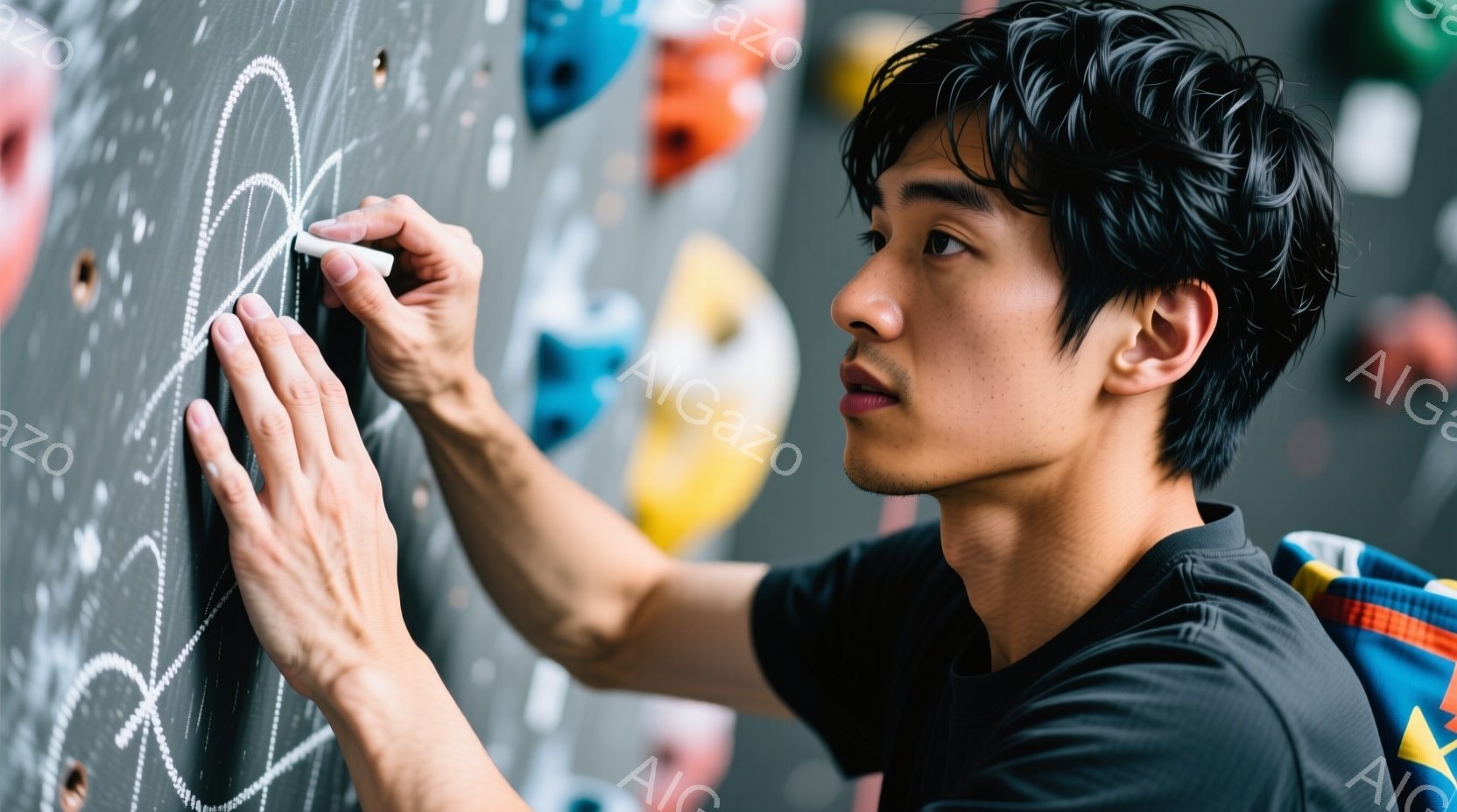 若い男性がクライミングウォールにチョークでルートを描いている様子が写っている。彼は黒いTシャツを着ており、短く刈り込んだ髪型で、集中した表情をしている。クライミングウォールは様々な色のホールドが取り付 - AI生成フリー素材