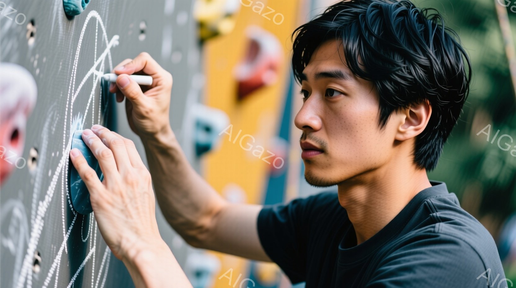 若い男性がクライミングウォールに手を伸ばし、ホールドをつかもうとしています。彼は黒いTシャツを着ており、短く整えられた黒髪と、わずかに顎ひげを生やした顔立ちをしています。背景には黄色と青のクライミングウォールが広がり、集中した雰囲気の中でクライミングに挑戦している様子がうかがえます。