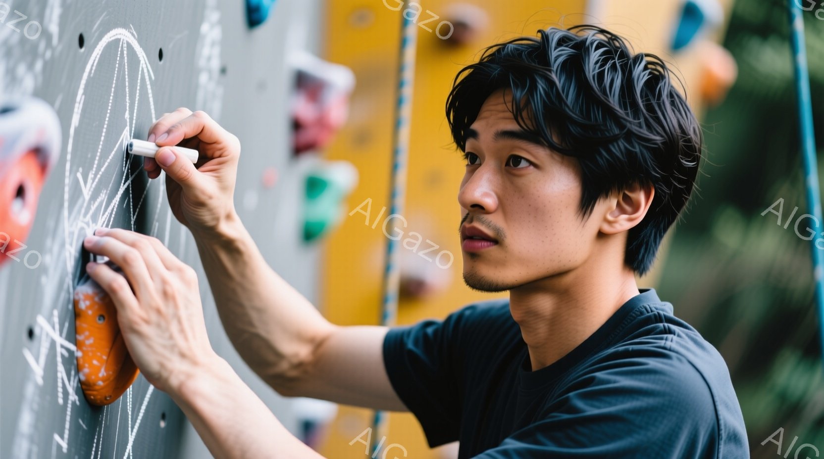 若い男性がクライミングウォールにチョークでルートを描いている様子が写っている。彼は黒いTシャツを着ており、黒髪を短く整えている。集中した表情で、片手にはチョーク、もう片手はホールドに触れ、ルートを注意深く確認している。