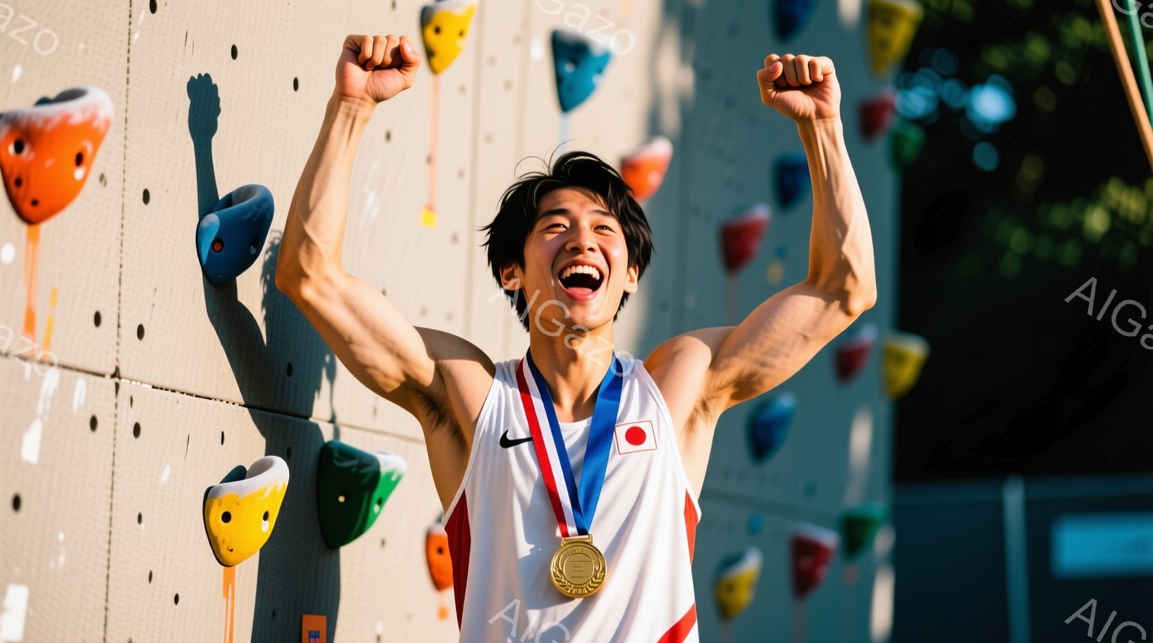 白いタンクトップに赤いラインが入った競技用ウェアを着用した若い男性アスリートが、金メダルを首にかけて両手を高く上げて歓喜している様子が写っている。彼は黒髪で、満面の笑みを浮かべ、筋肉質な体格が印象的だ - AI生成フリー素材