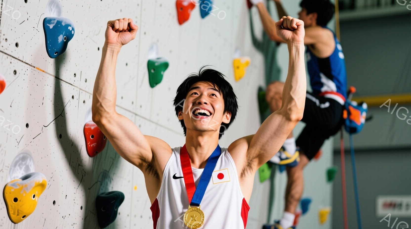 競技者は白いタンクトップと赤いショーツ姿で、首には金メダルをかけています。彼は両腕を高々と上げ、満面の笑みを浮かべ、勝利を喜んでいます。背景にはカラフルなクライミングウォールがあり、競技場の内観であることがわかります。