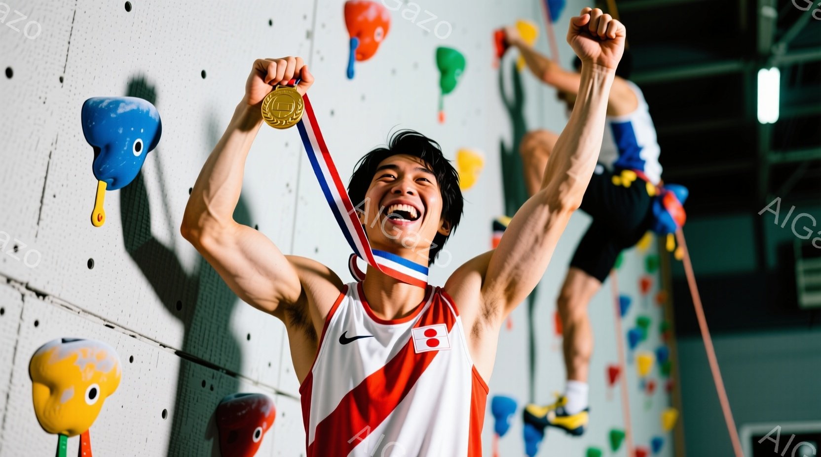 競技者はクライミングウォールを背景に、両手を高く上げ、満面の笑みを浮かべています。赤い縁取りが施された白いユニフォームを着ており、首には金メダルがかけられています。壁には様々な色のクライミングホールドが取り付けられており、他の競技者の姿もぼんやりと見えます。
